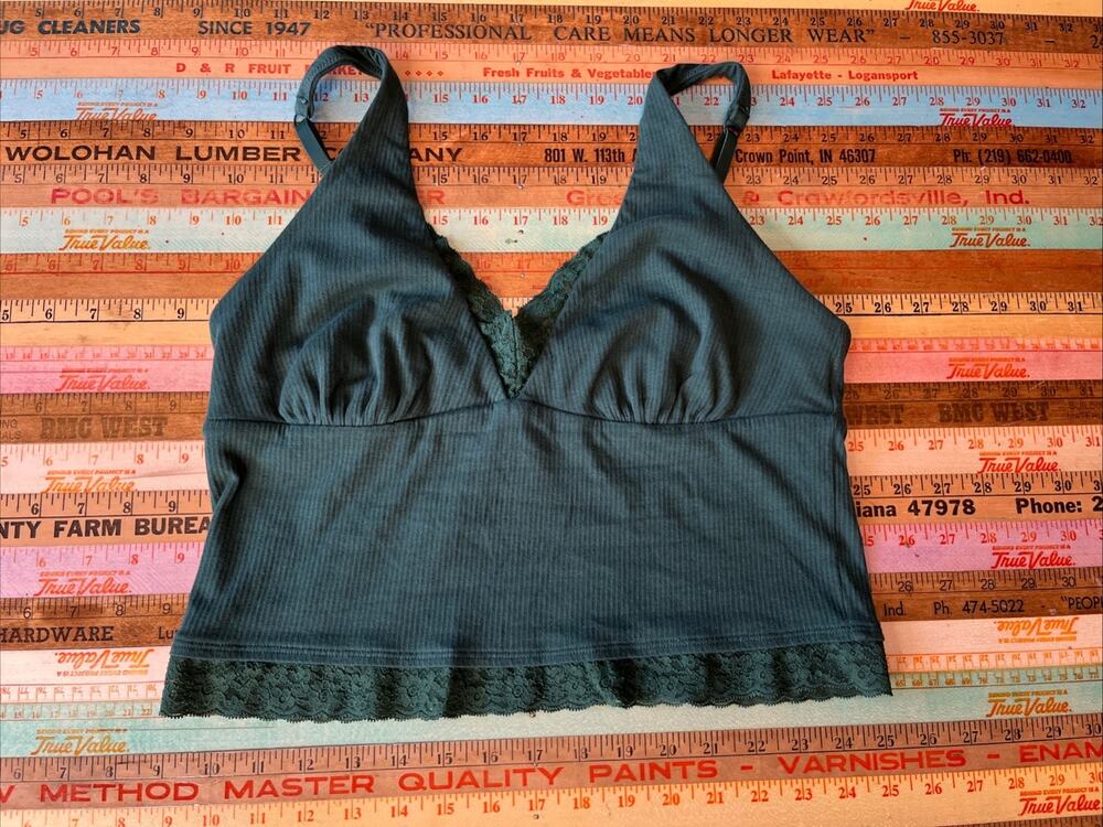 AE Aerie Superchill L Green Cotton Lace Crop Tank Plunge Bralette Wireless